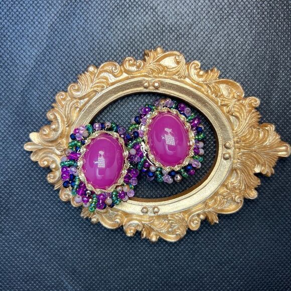 Vibrant Pink Oval Stud Earrings with Multi Color Crystal Details - Picture 5 of 8
